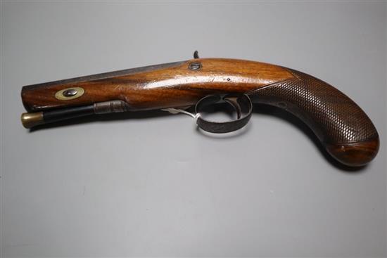 A 19th century percussion cap pistol, walnut stock